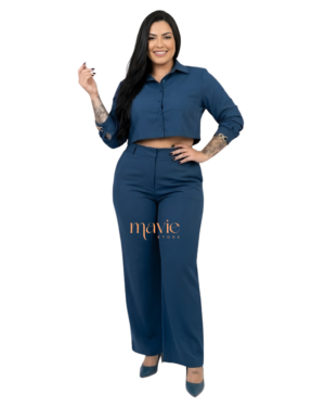 Conjunto Plus Size Calça E Cropped Botões Manga 3/4